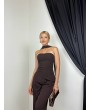 Kahve Straplez Asimetrik Bluz & Pantolon İkili Takım