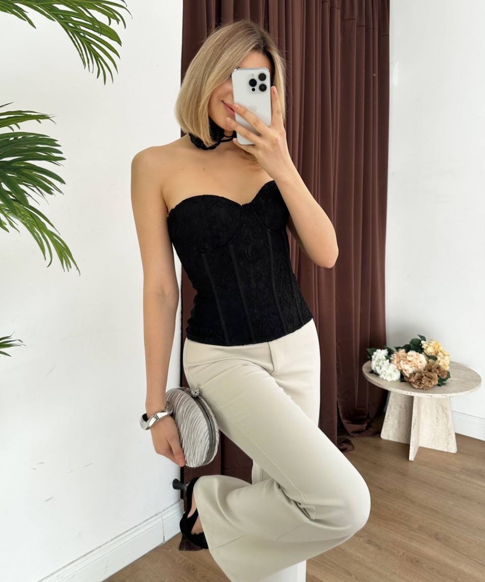 Siyah Dantel Straplez Korse Büstiyer