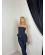 Lacivert Taş Detaylı Straplez Büstiyer & Pantolon Takım