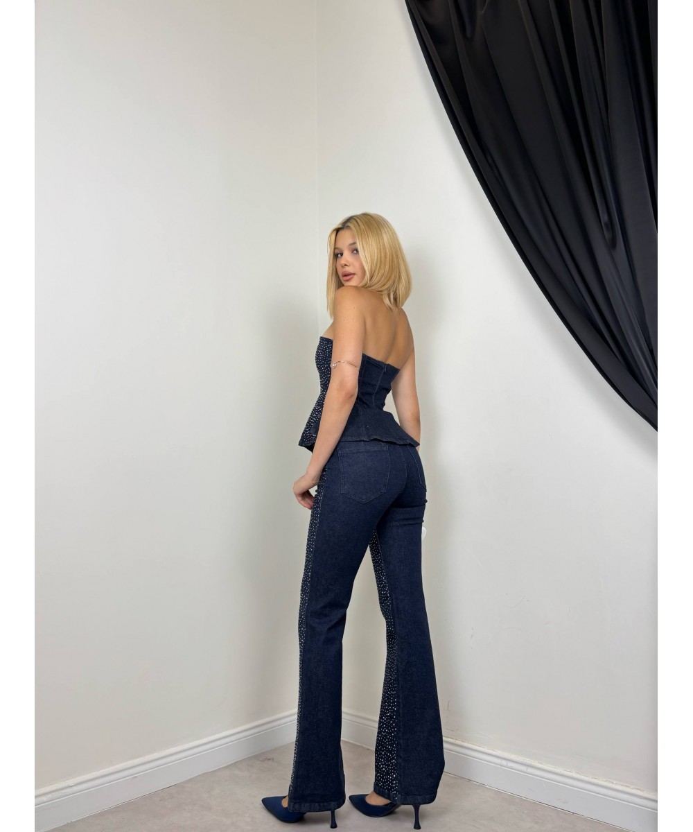 Lacivert Taş Detaylı Straplez Büstiyer & Pantolon Takım