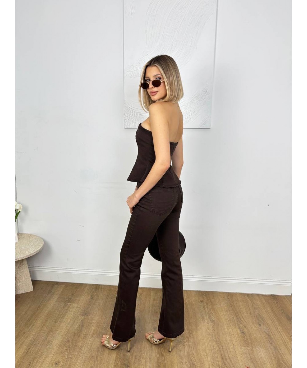 Kahve Straplez Büstiyer & İspanyol Paça Pantolon Takım