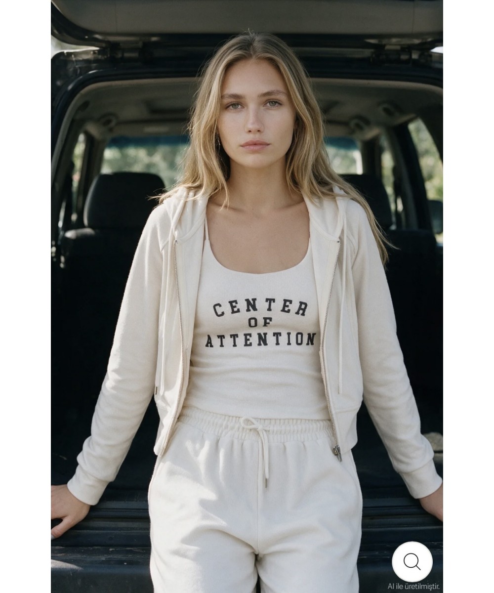 Kapüşonlu Fermuarlı Kısa Sweatshirt Ekru