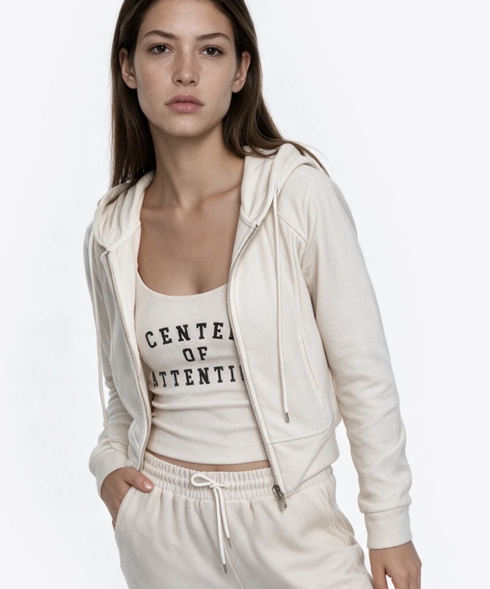 Kapüşonlu Fermuarlı Kısa Sweatshirt Ekru