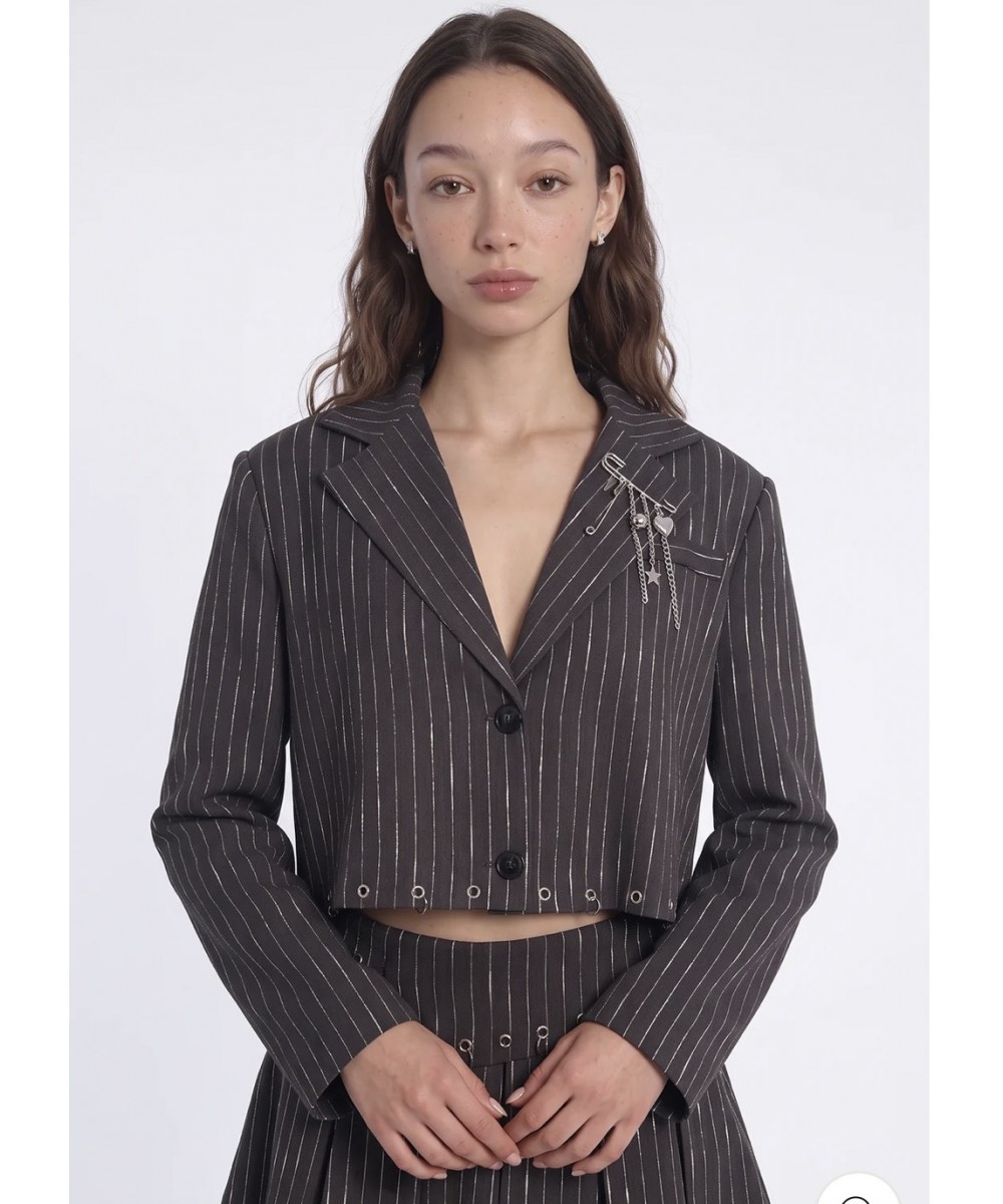 Çizgili Kuşgözü Detaylı Crop Blazer Ceket Antrasit