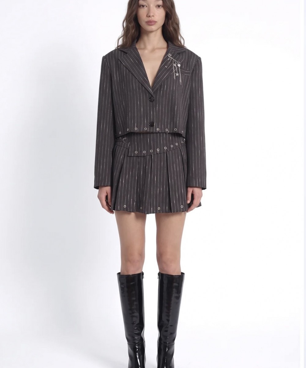 Çizgili Kuşgözü Detaylı Crop Blazer Ceket Antrasit