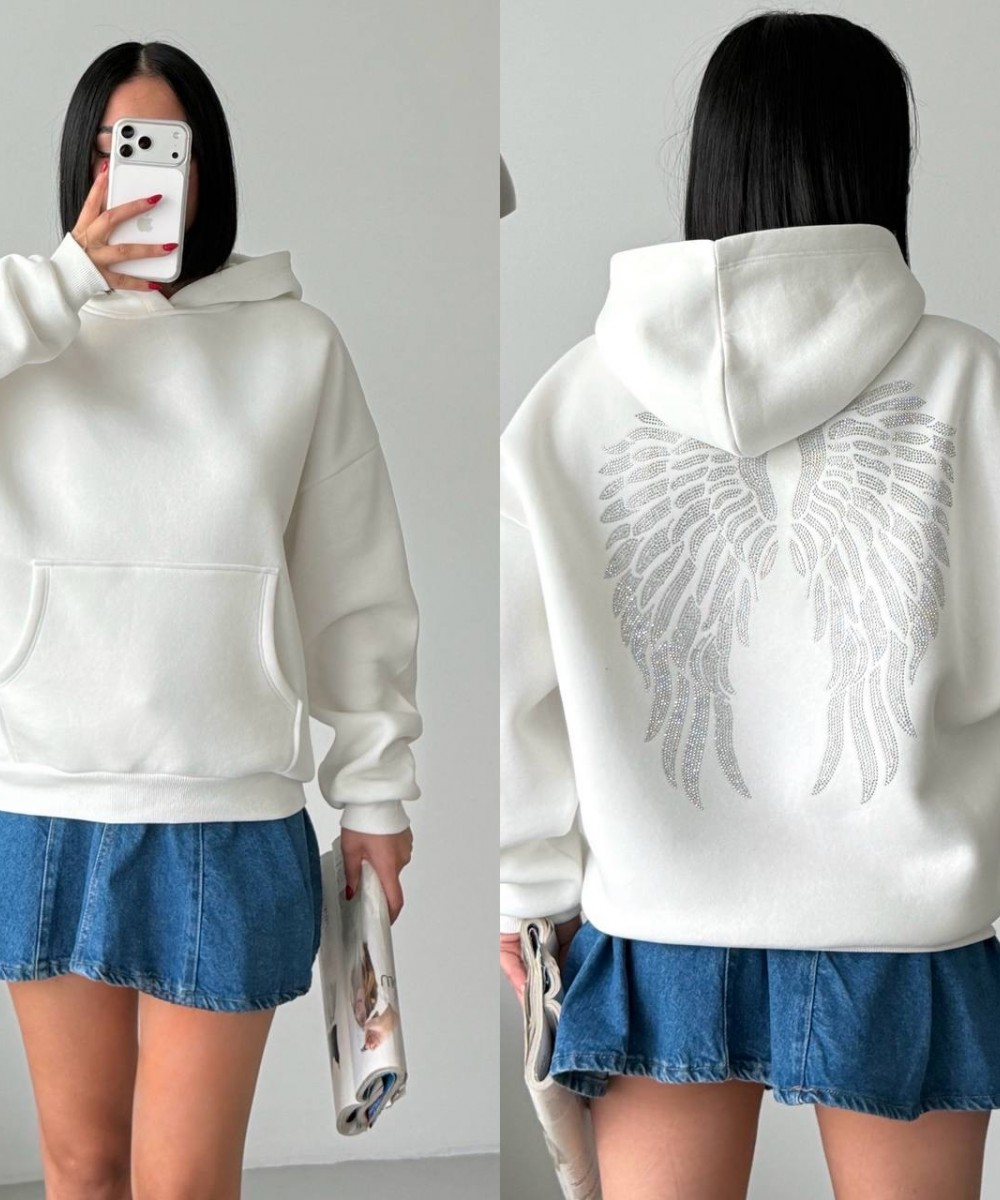 Taşlı Melek Kanatlı Kapüşonlu Sweatshirt – Beyaz