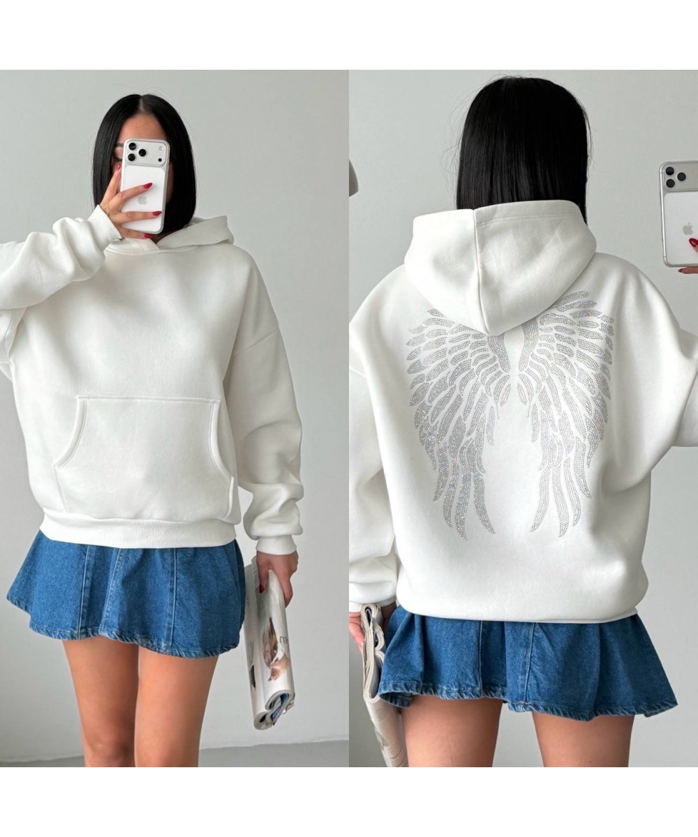 Taşlı Melek Kanatlı Kapüşonlu Sweatshirt – Beyaz
