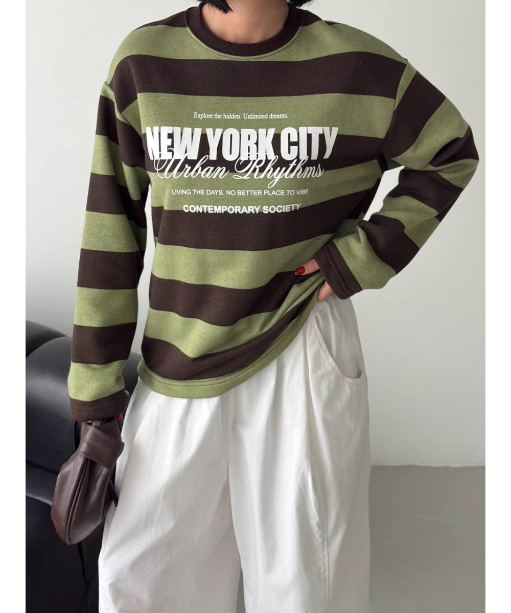 New York City Baskılı Çizgili Oversize Sweatshirt – Haki/Kahve