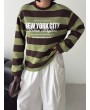 New York City Baskılı Çizgili Oversize Sweatshirt – Haki/Kahve