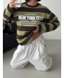 New York City Baskılı Çizgili Oversize Sweatshirt – Haki/Kahve