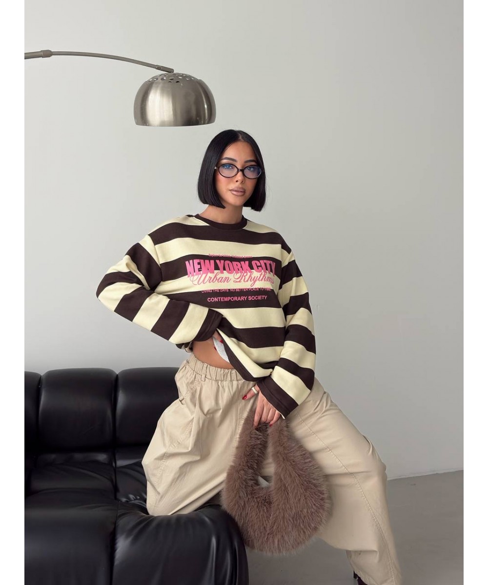 New York City Baskılı Çizgili Oversize Sweatshirt