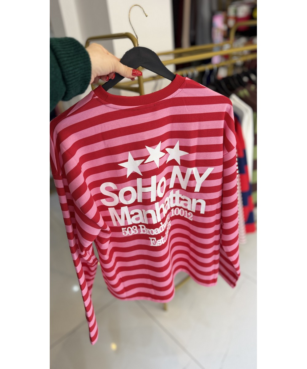 Soho Manhattan Baskılı Çizgili Sweatshirt – Kırmızı/Pembe