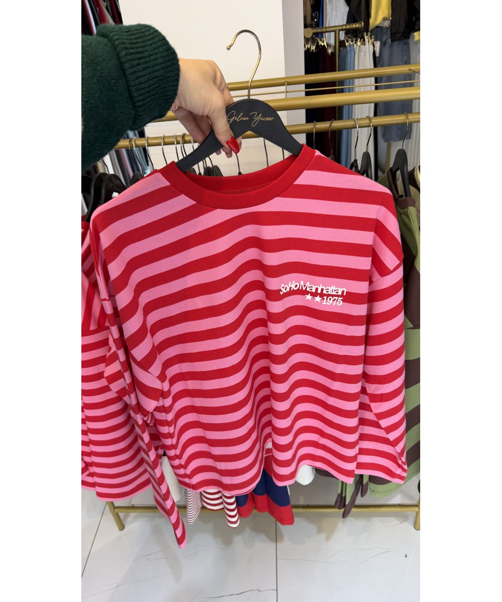 Soho Manhattan Baskılı Çizgili Sweatshirt – Kırmızı/Pembe