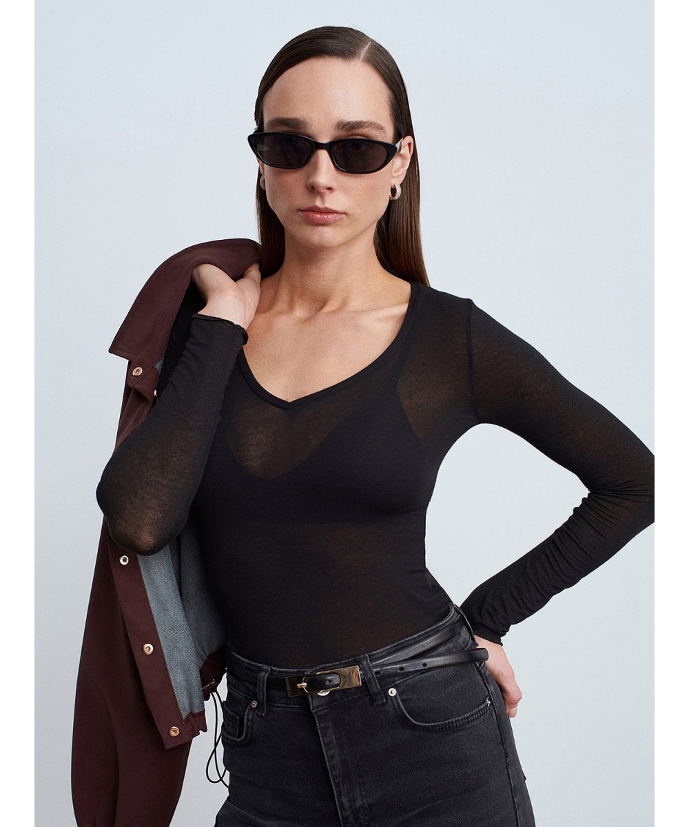 V Yaka Kaşmir Karışımlı Modal Bluz