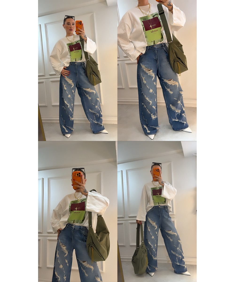 Yırtık Detaylı Wide Leg Jean