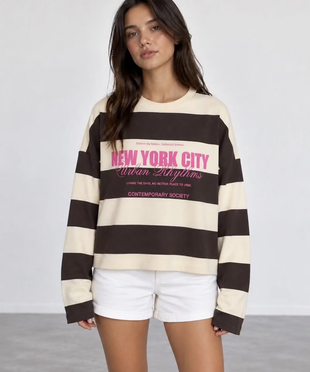New York City Çizgili Oversize Sweatshirt
