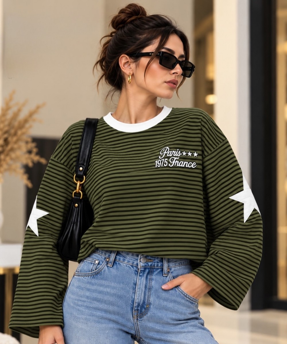 Haki Yeşil Çizgili Yıldız Detaylı Sweatshirt