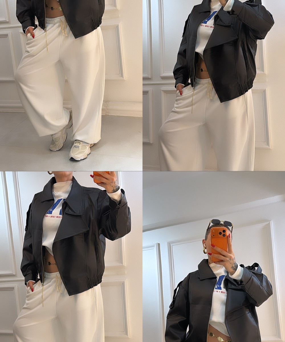 Siyah Oversize Deri Bomber Ceket
