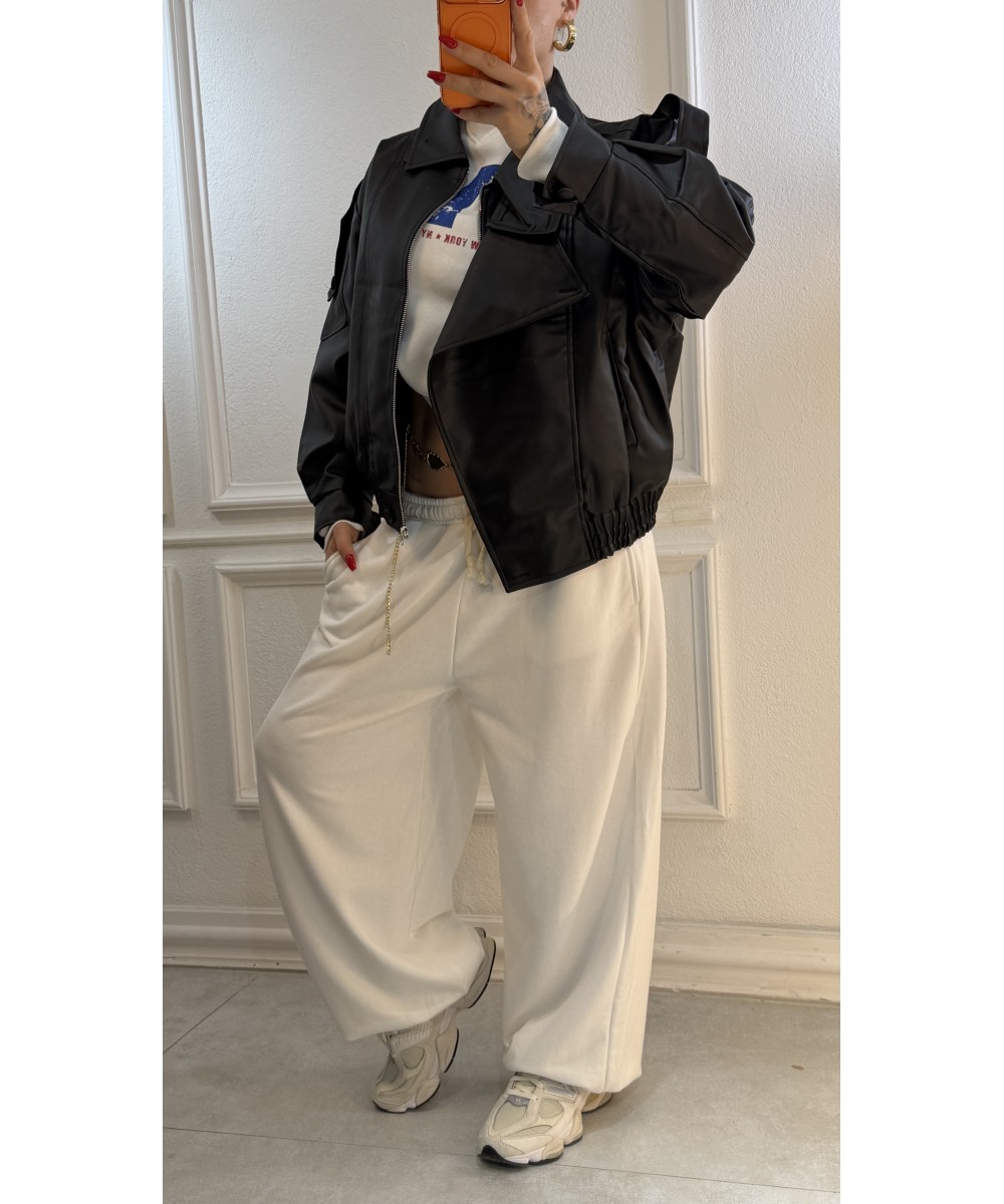 Siyah Oversize Deri Bomber Ceket