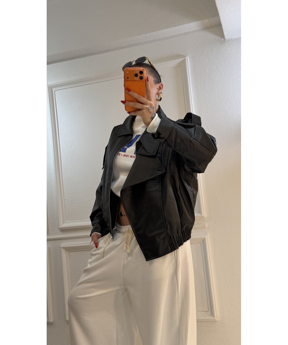 Siyah Oversize Deri Bomber Ceket