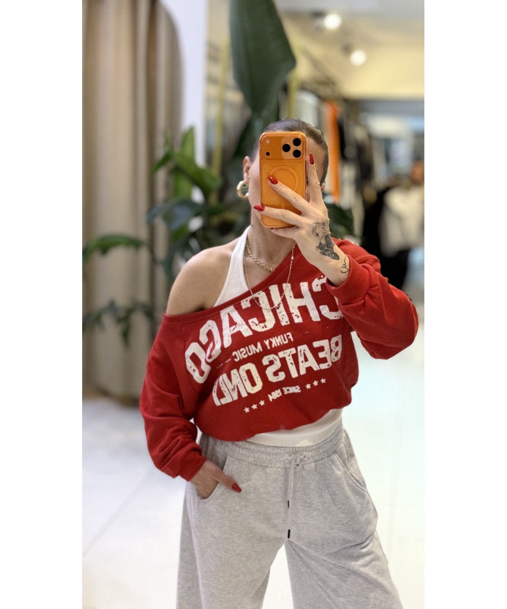 Kırmızı Baskılı Oversize Sweat