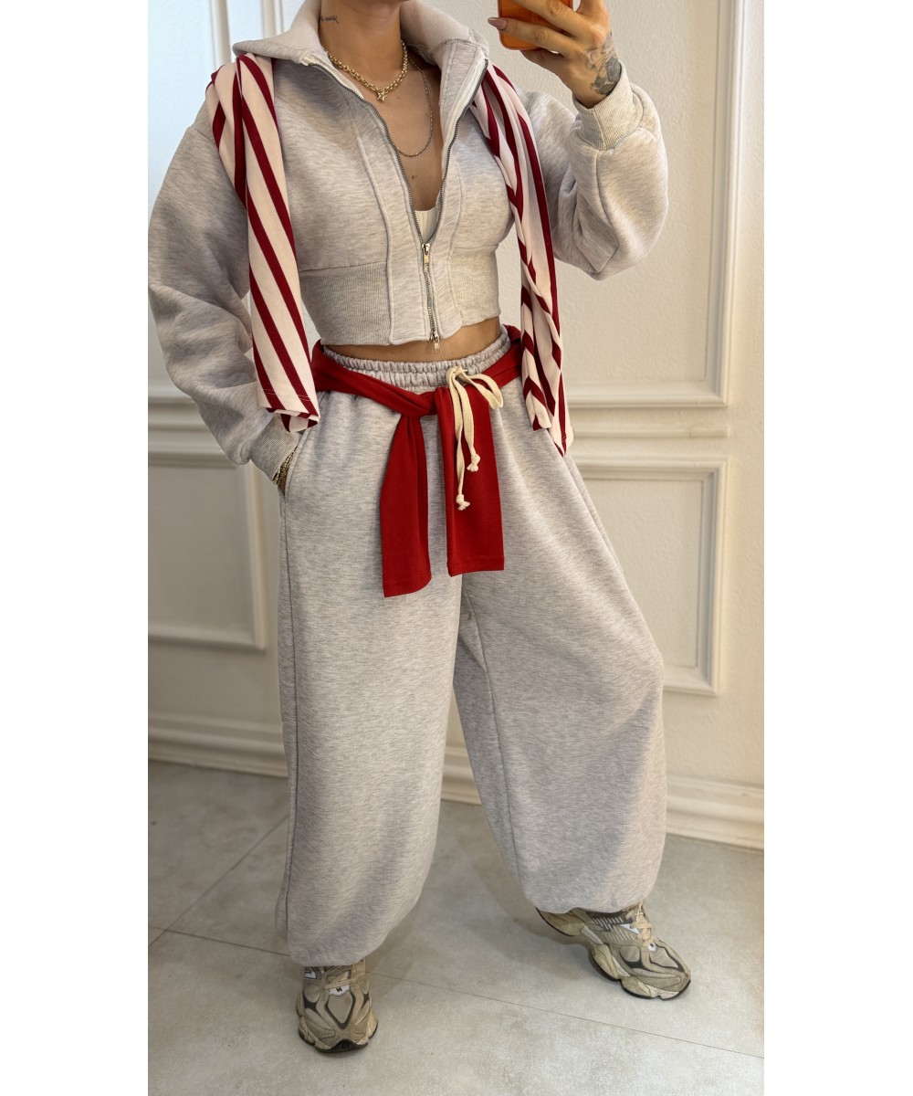 Gri Fermuarlı Sweat & Eşofman Takımı