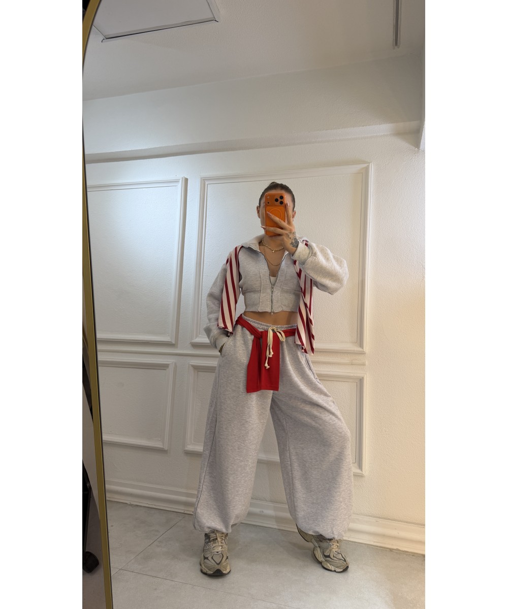 Gri Fermuarlı Sweat & Eşofman Takımı
