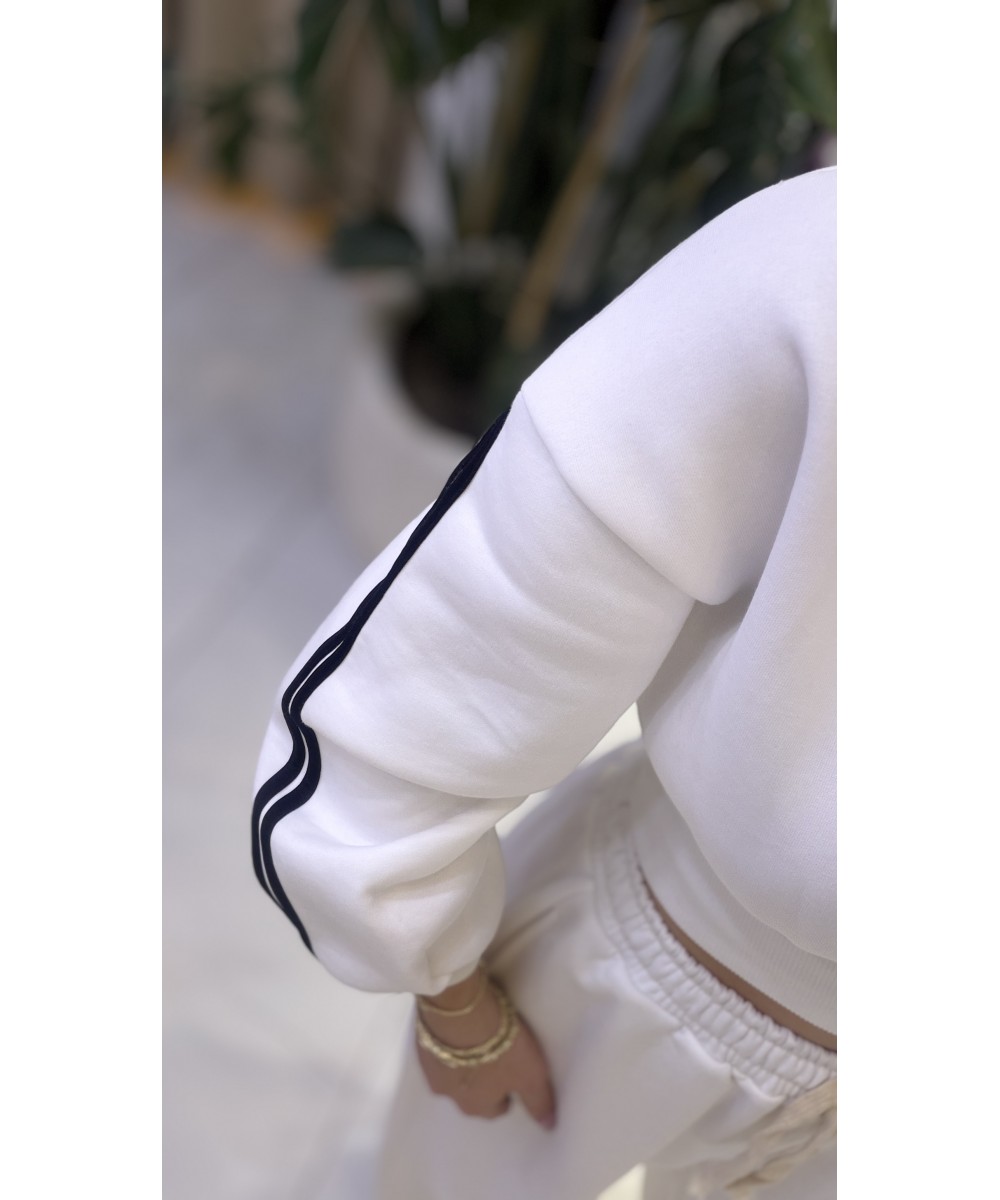 Beyaz Crop Fermuarlı Sweat
