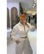 Beyaz Crop Fermuarlı Sweat