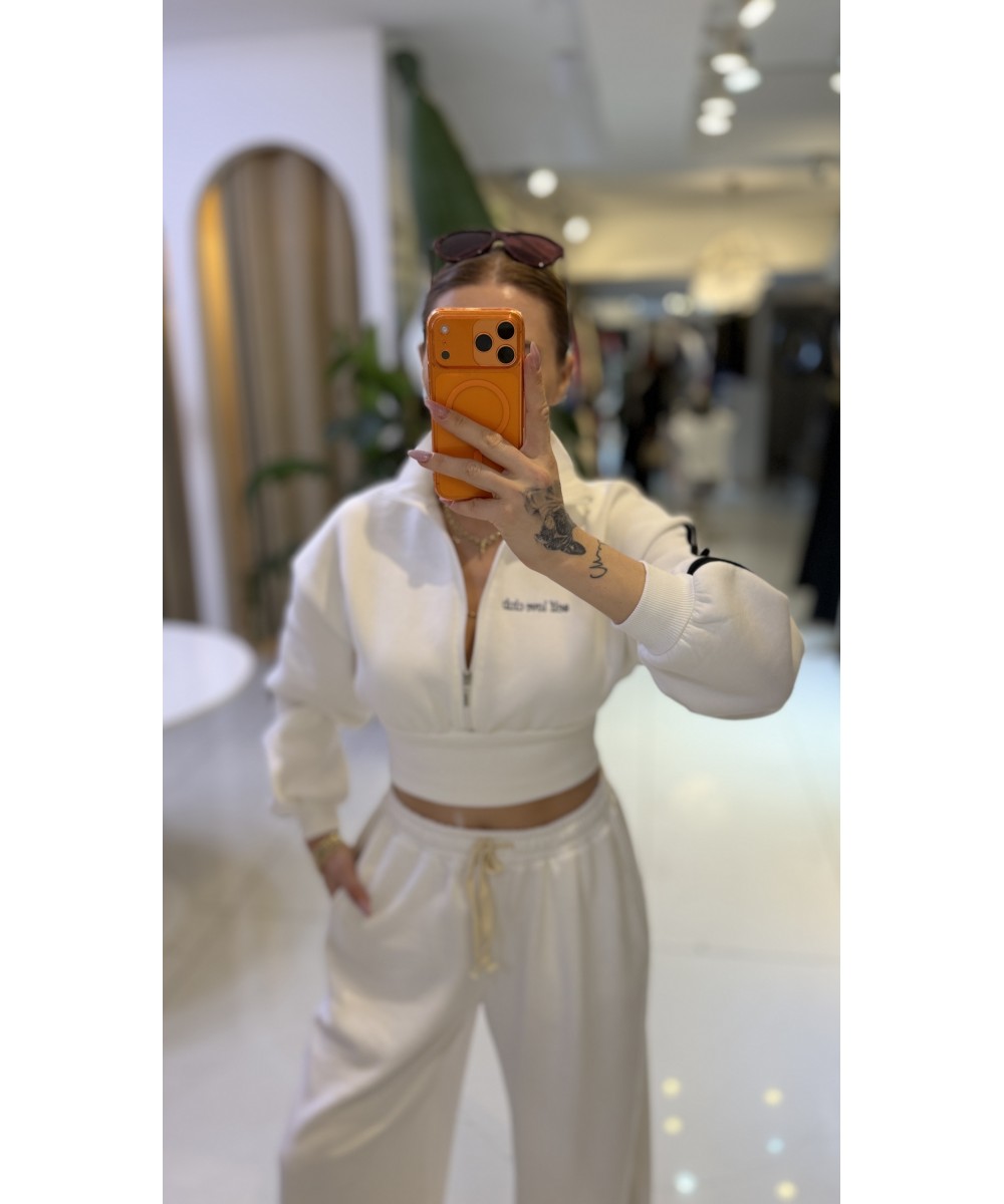 Beyaz Crop Fermuarlı Sweat