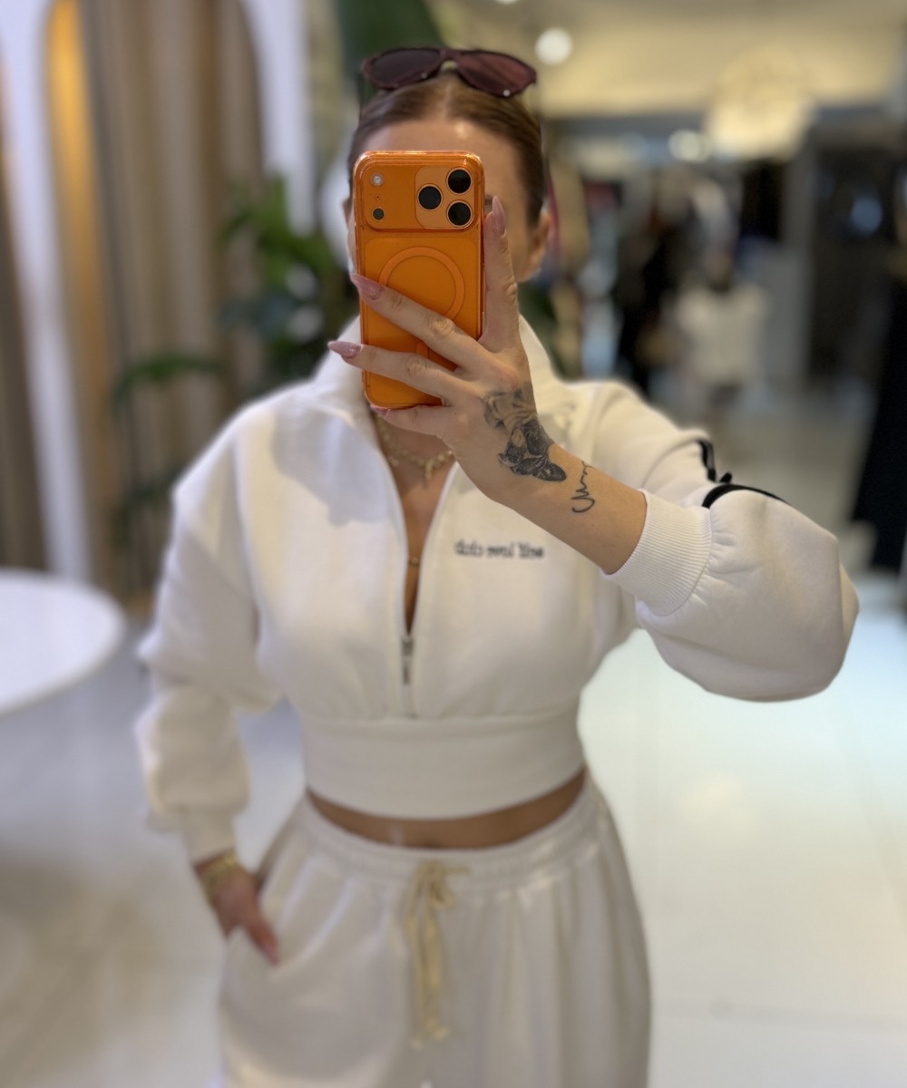 Beyaz Crop Fermuarlı Sweat