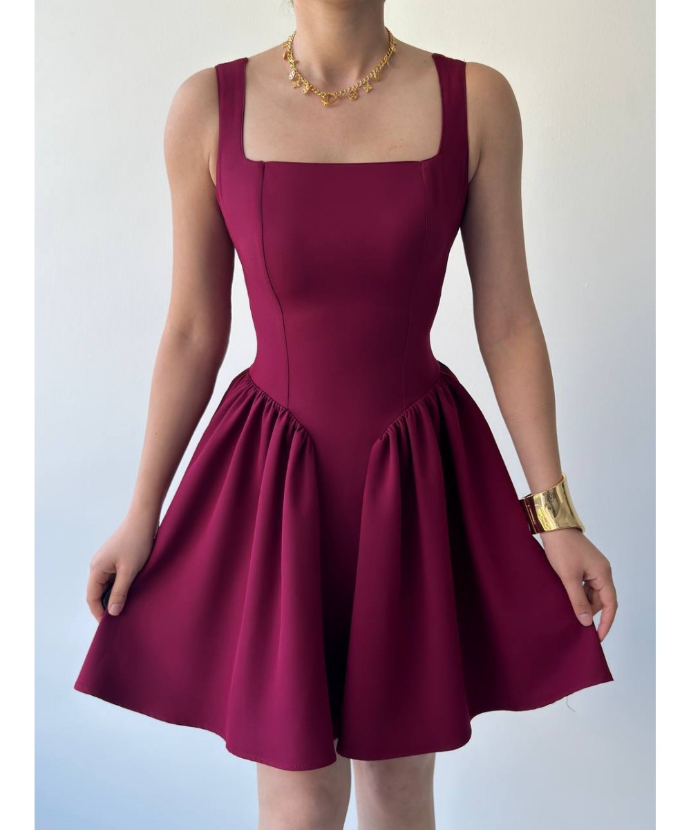 BORDO FİYONKLU ELBİSE