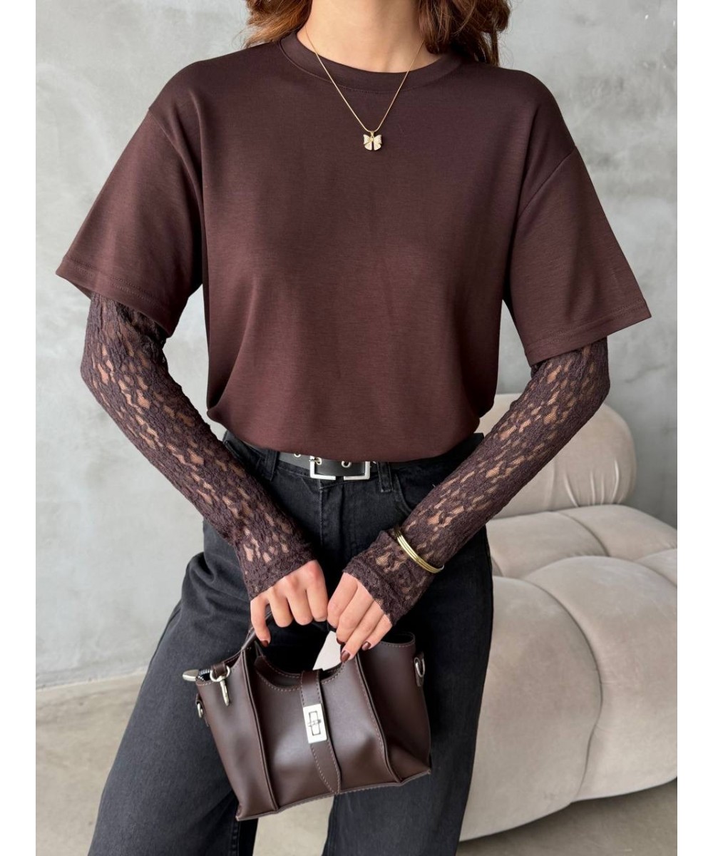 Kolları Dantel İşlemeli Tişört-kahverengi