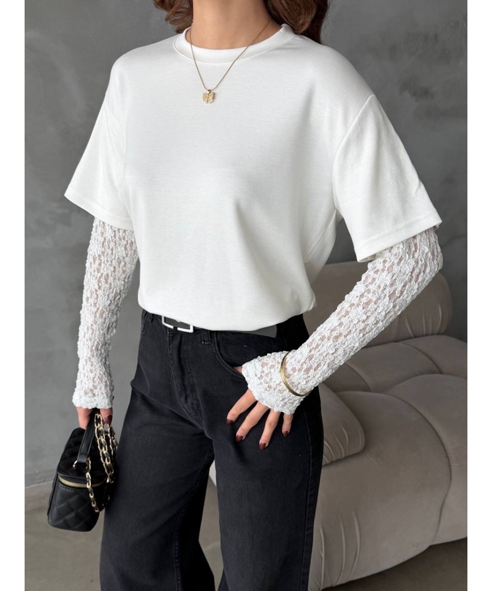 Kolları dantelli tişört - beyaz 