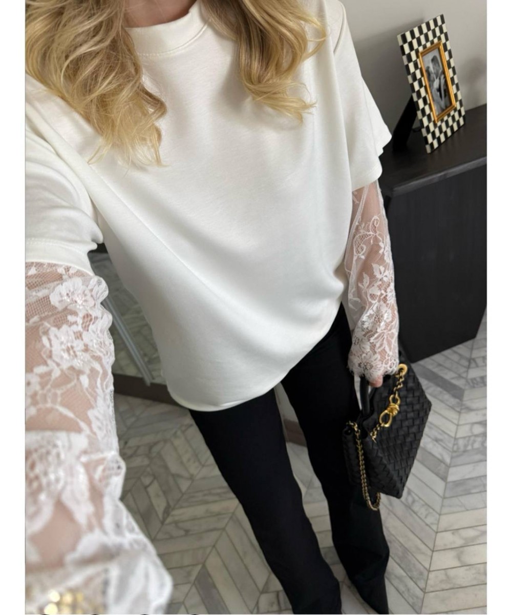 Kolları dantelli tişört - beyaz 