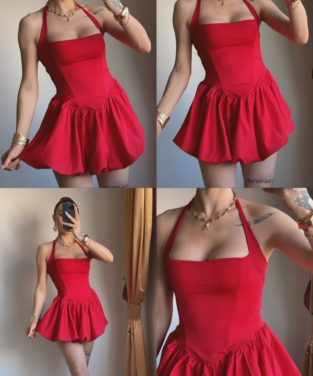 KIRMIZI POPLİN BALON ELBİSE