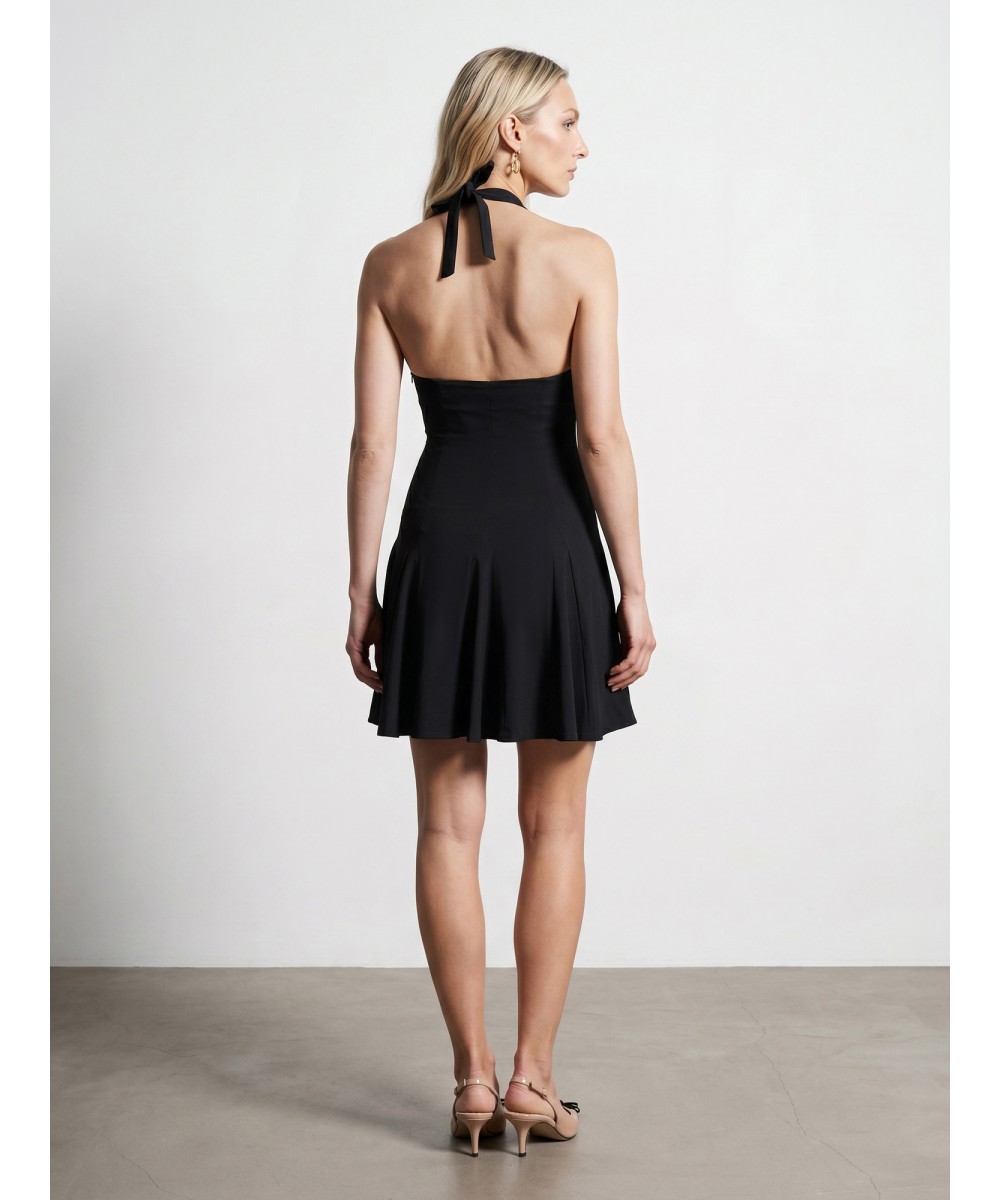 Halter Yaka Mini Elbise-Siyah