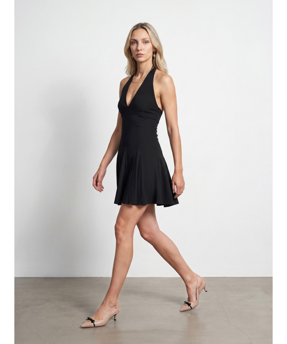 Halter Yaka Mini Elbise-Siyah