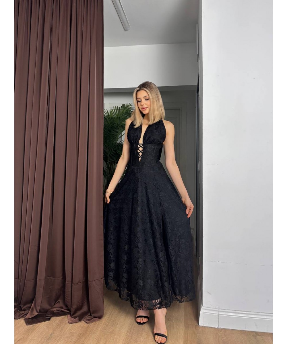 KORSELİ TASARIM ELBİSE - SİYAH