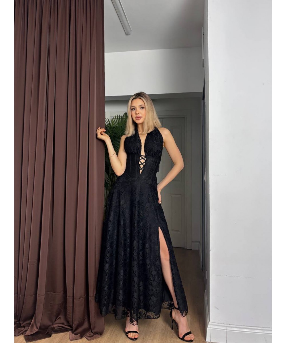 KORSELİ TASARIM ELBİSE - SİYAH