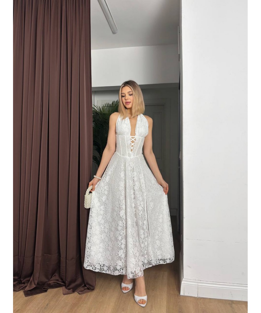 KORSELİ TASARIM ELBİSE - BEYAZ 