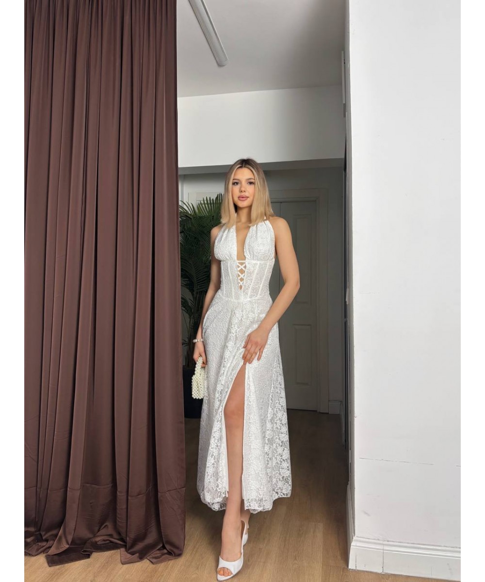 KORSELİ TASARIM ELBİSE - BEYAZ 