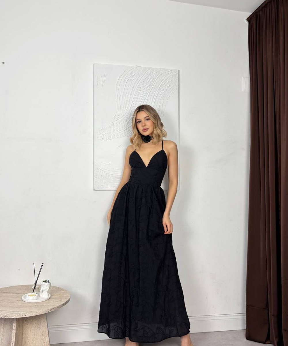 SIRT DEKOLTELİ ELBİSE - SİYAH