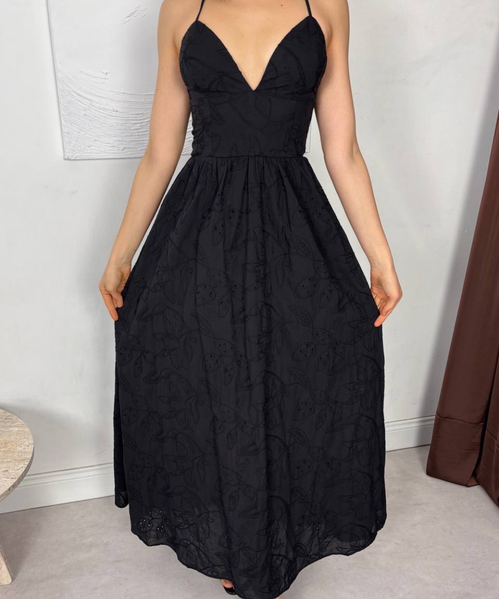 SIRT DEKOLTELİ ELBİSE - SİYAH