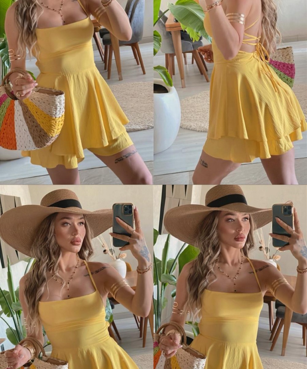 SIRT DEKOLTELİ SARI ELBİSE