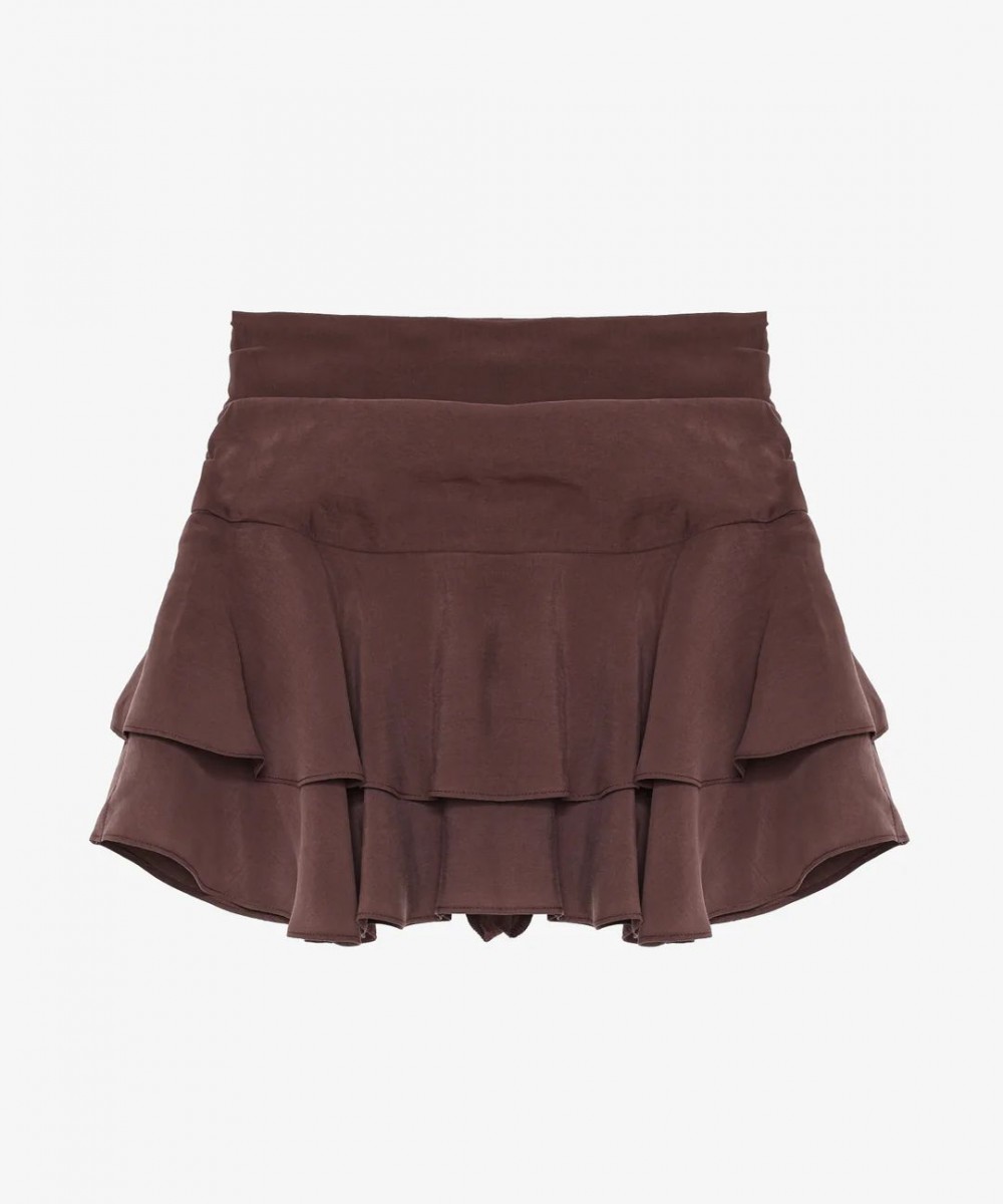 Katlı Volanlı Mini Etek Kahverengi