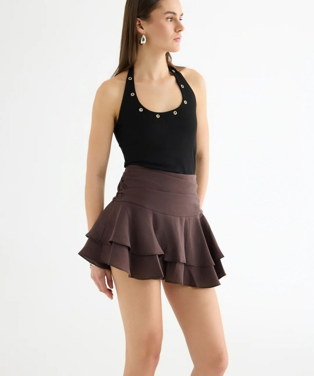 Katlı Volanlı Mini Etek Kahverengi