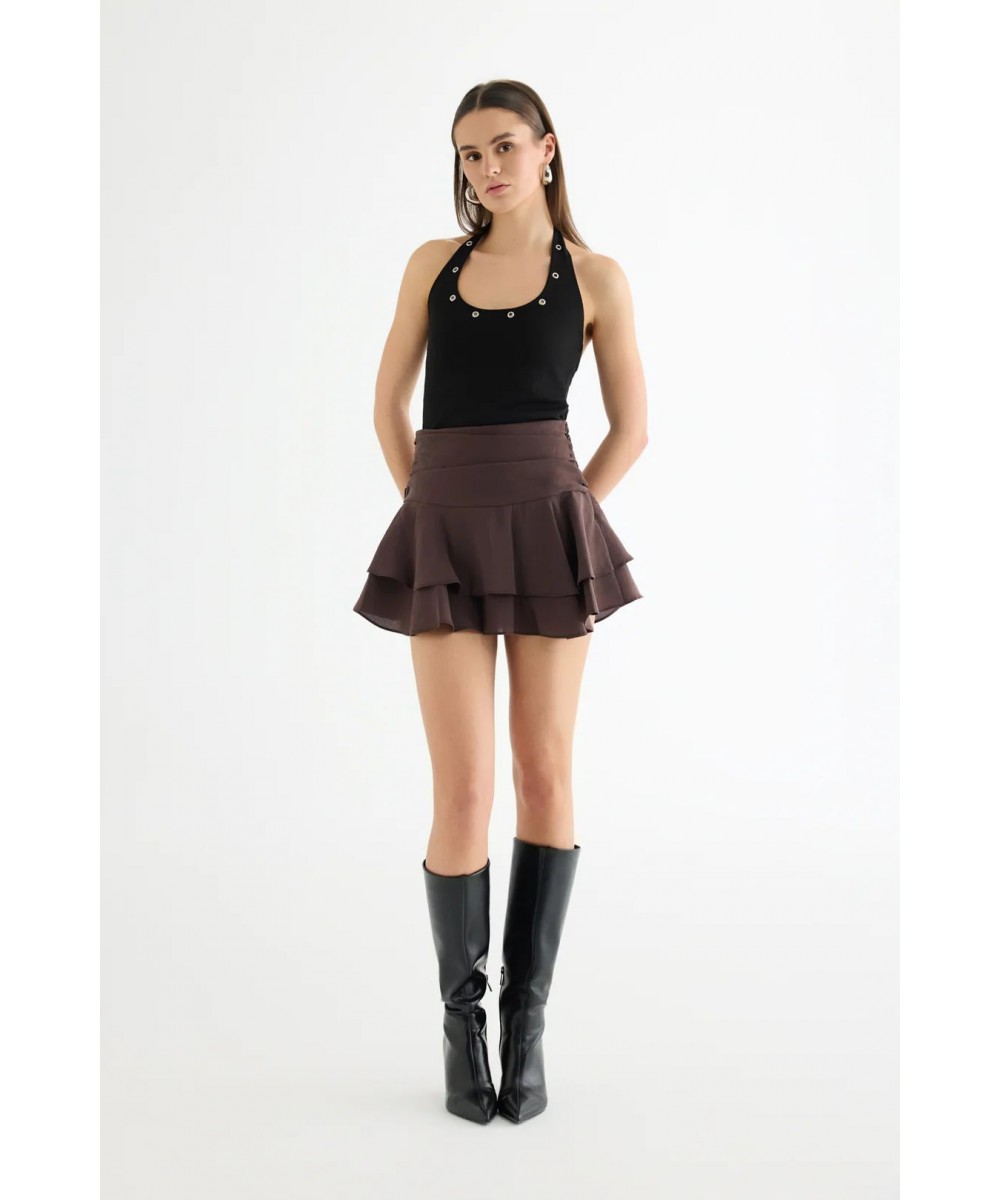 Katlı Volanlı Mini Etek Kahverengi