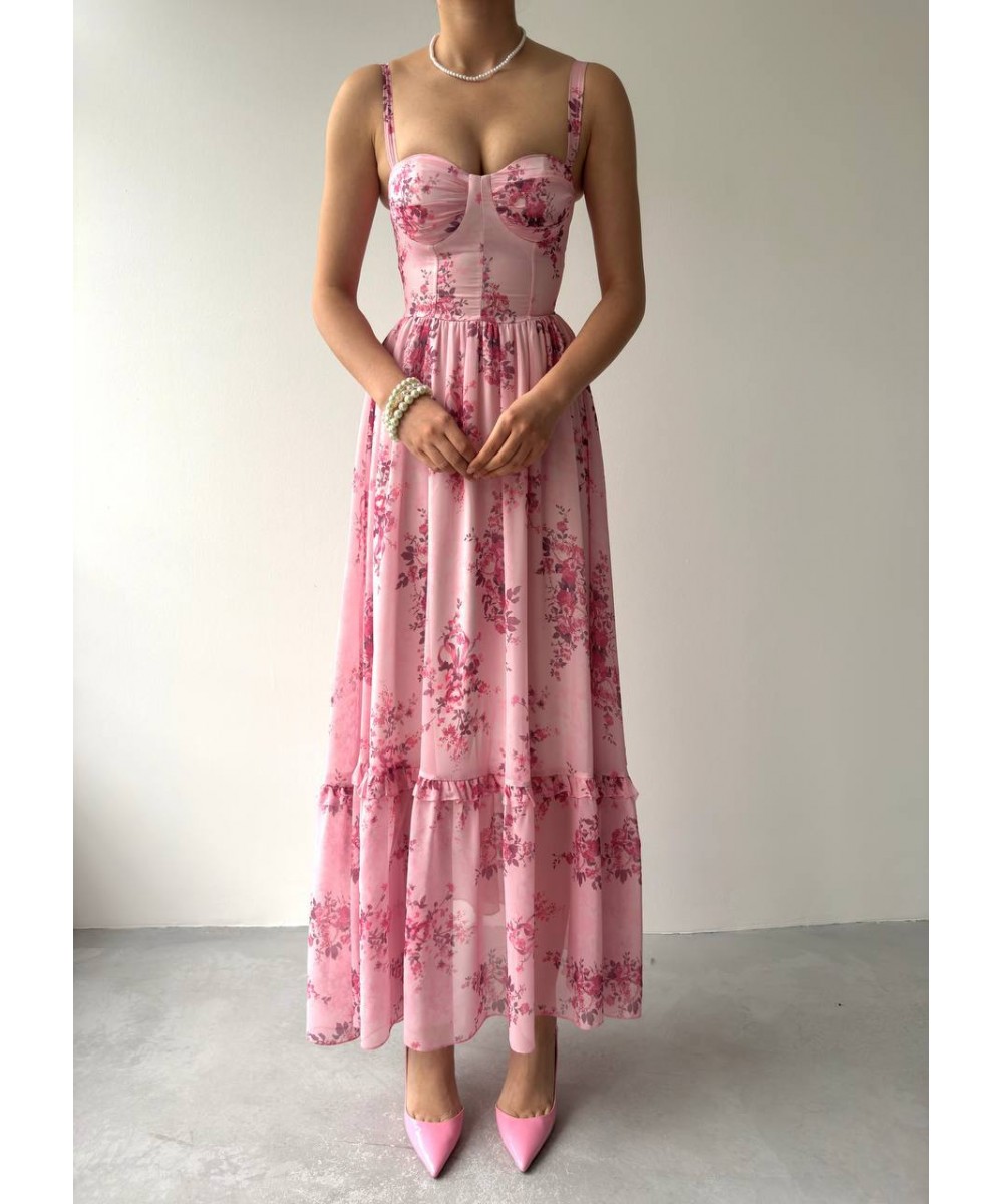 PEMBE ÇİÇEKLİ ELBİSE