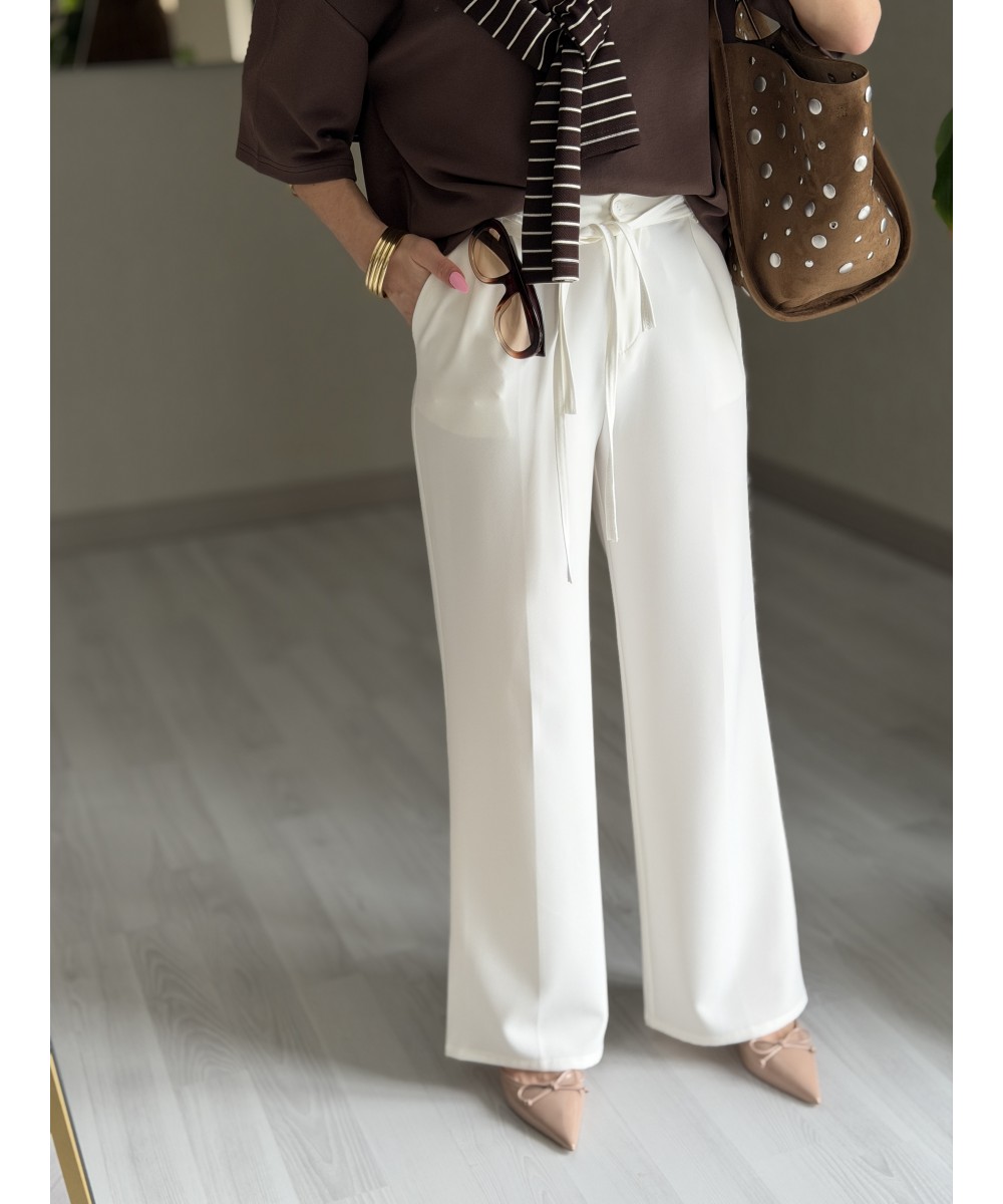 İP KEMERLİ PALAZZO PANTOLON BEYAZ 